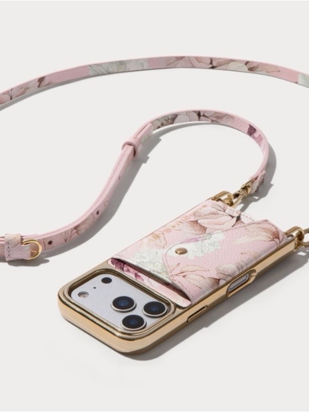Bandolier iPhone 17 ProMax Pink Floral Crossbody Phone Case with Gold Trim, New!